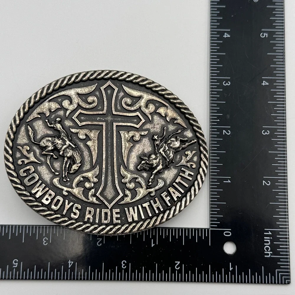 Cowboys Ride With Faith‎ Western Belt Buckle Silver Tone Cross Rodeo Bull Rider